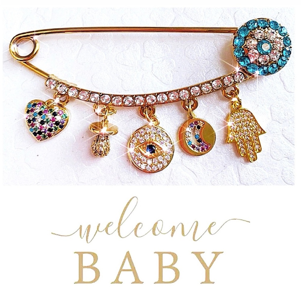 ABIGAIL CREATIONS Baby Stroller Pin & CZ Hamsa and Evil Eye 🧿 Protection Brooch